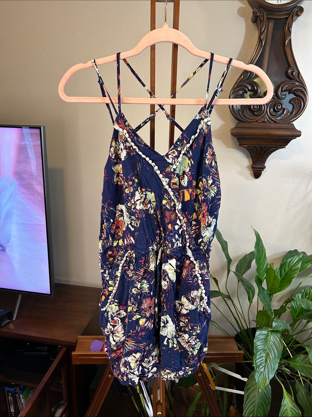 Xhilaration Navy Floral One-Piece Bodysuit Romper